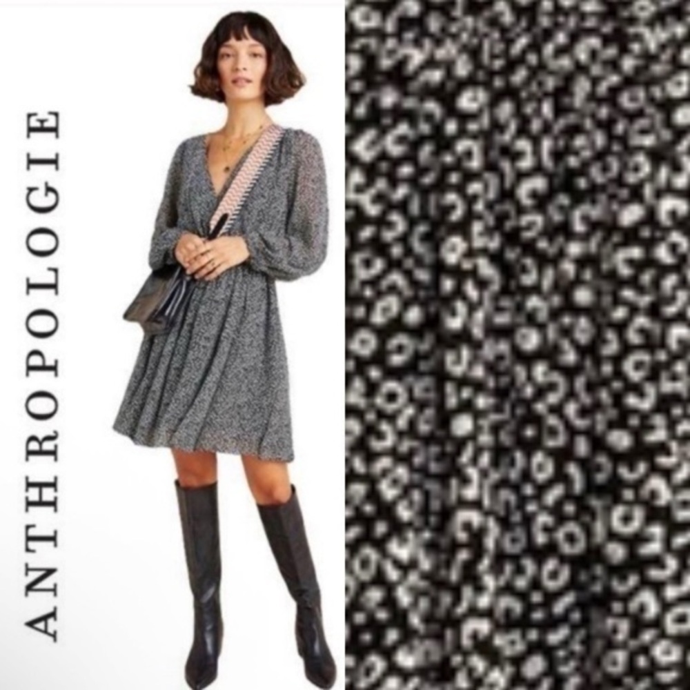 Anthro Maeve Black White Leopard Carolyn Mini V Neck Dress Blouson Sleeves XS
